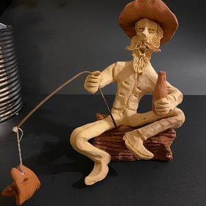 Vtg Signed Tom Schoolcraft Sculptures Log Fishing Cowboy 8" Pottery Sedona